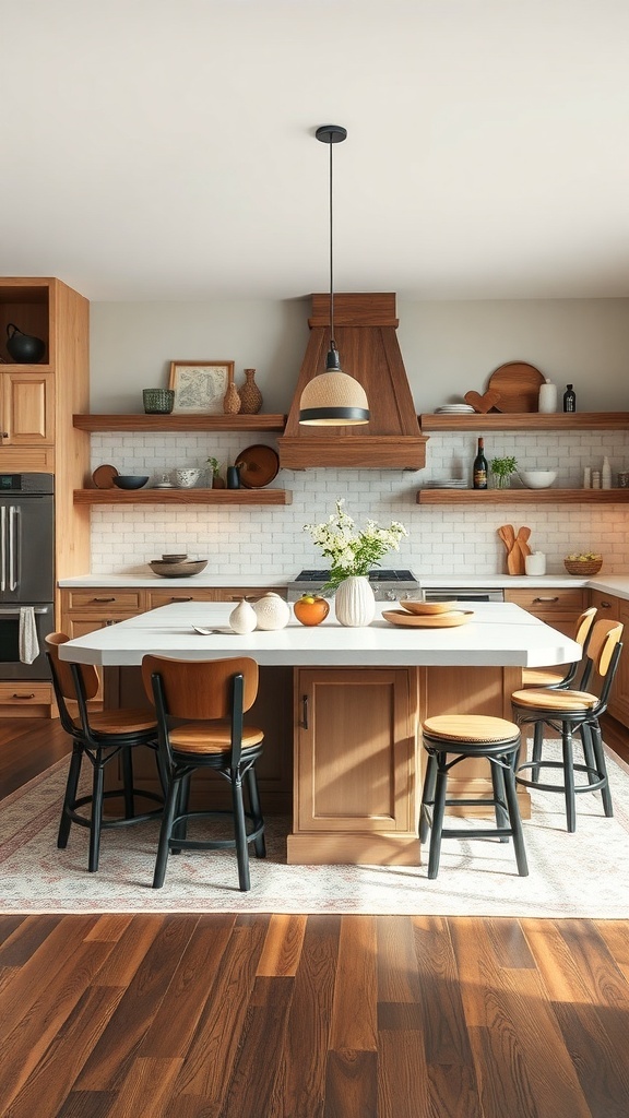 A modern rustic kitchen featuring a functional kitchen island with seating and warm wood cabinetry.