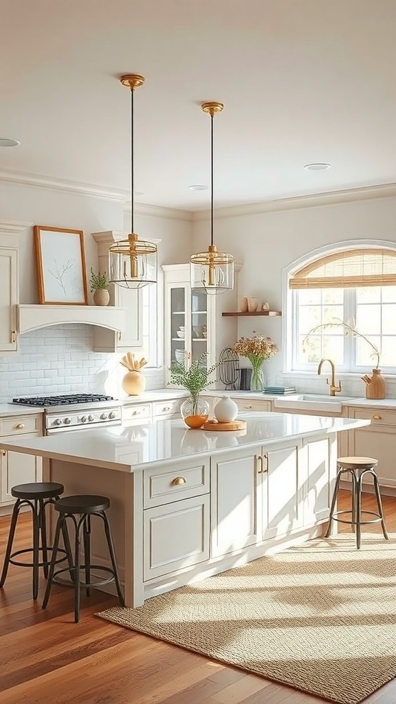 A warm neutral kitchen featuring a functional island with stools, stylish pendant lights, and open shelving.