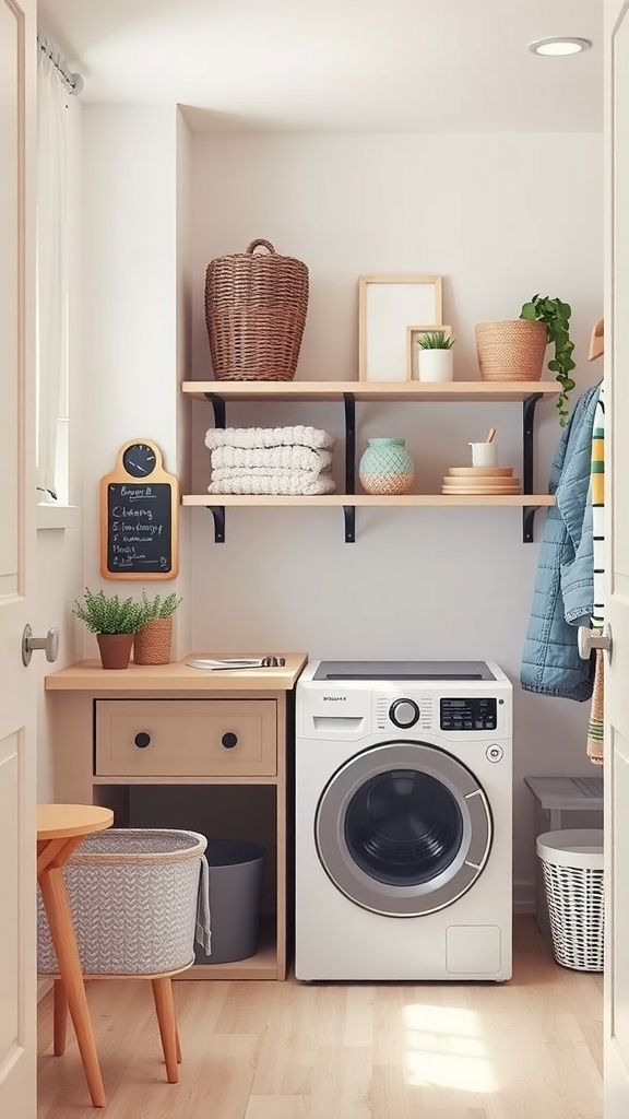 A functional laundry space featuring a washing machine, shelves with storage, and a small desk area.