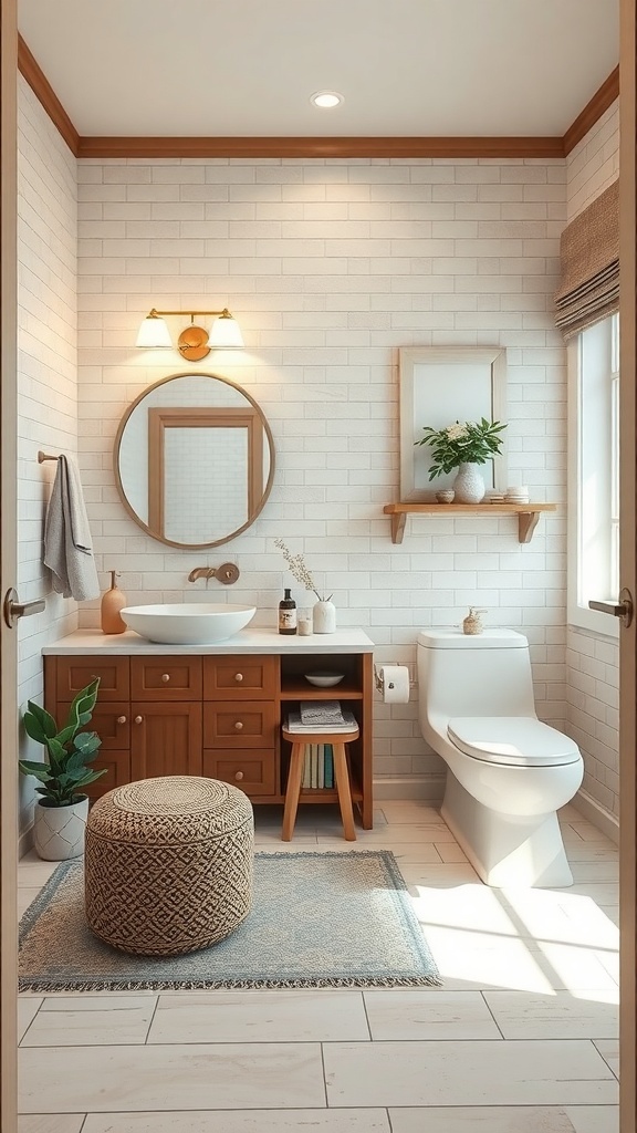 A stylish guest bathroom featuring a wooden vanity, vessel sink, and cozy decor.
