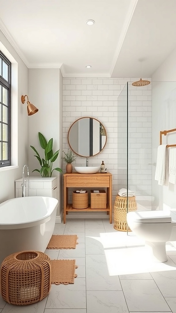 A stylish bathroom featuring a freestanding bathtub, glass shower, wooden vanity, and natural elements.