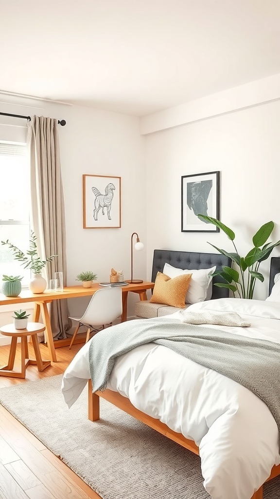 A small guest bedroom featuring a bed, desk, and plants, designed for comfort and functionality.