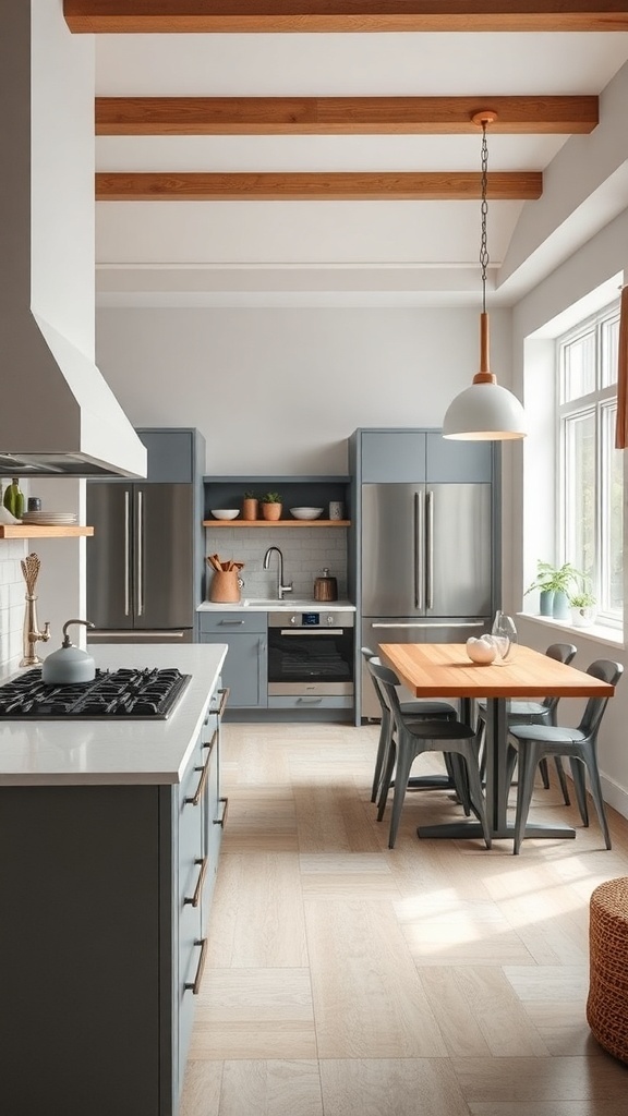A modern galley kitchen featuring a gray island and dining area with wooden beams and large windows.