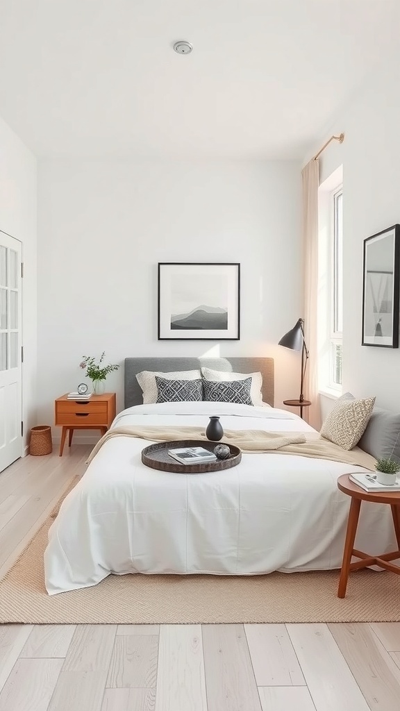 A minimalist bedroom featuring a bed with white linens, a nightstand with a lamp, and a round table beside the bed.