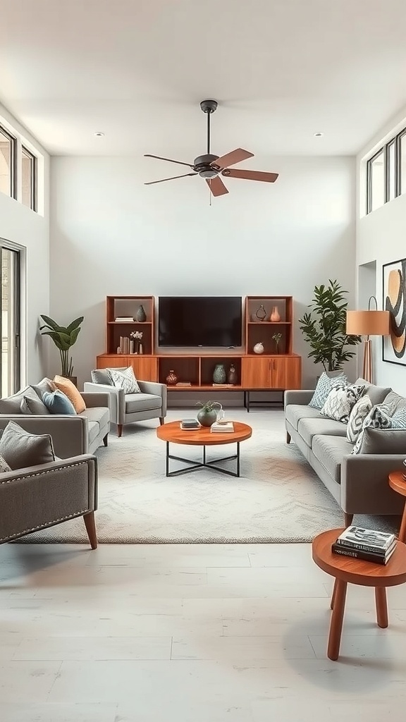 Cozy mid-century modern living room with comfortable seating and natural light