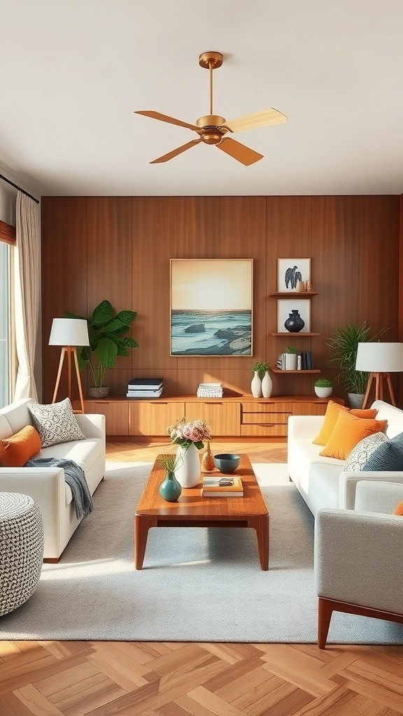 A cozy mid-century modern living room featuring two sofas, a coffee table, and wooden accents.