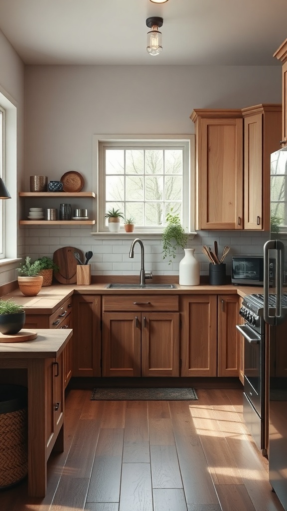 A cozy kitchen featuring rustic wooden cabinets, open shelving, and warm lighting.