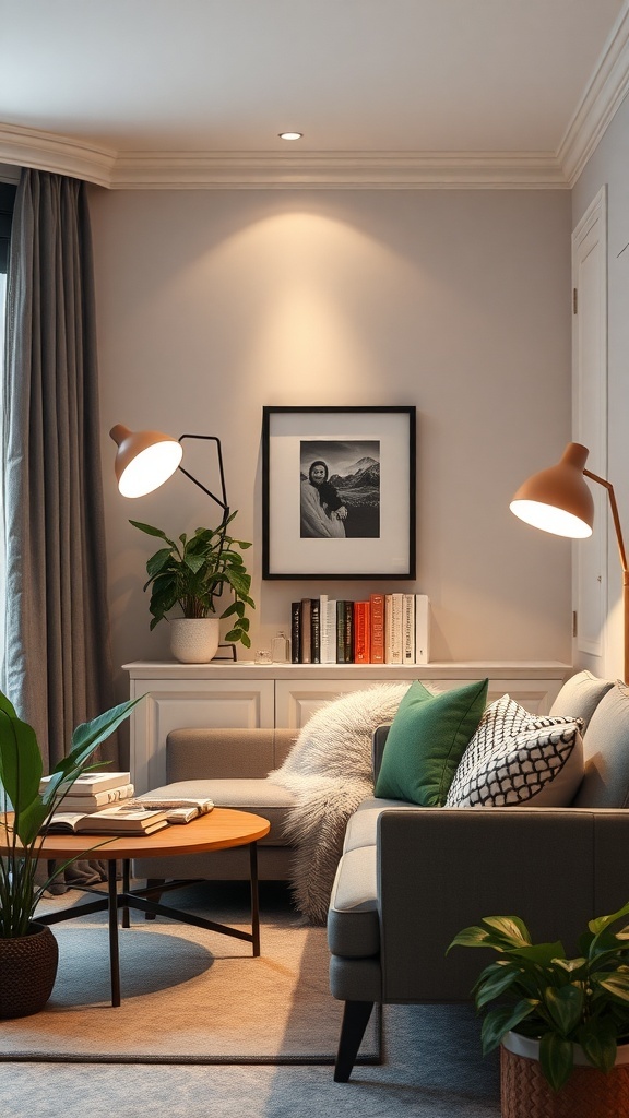 Cozy reading room with a sofa, floor lamp, and bookshelves.