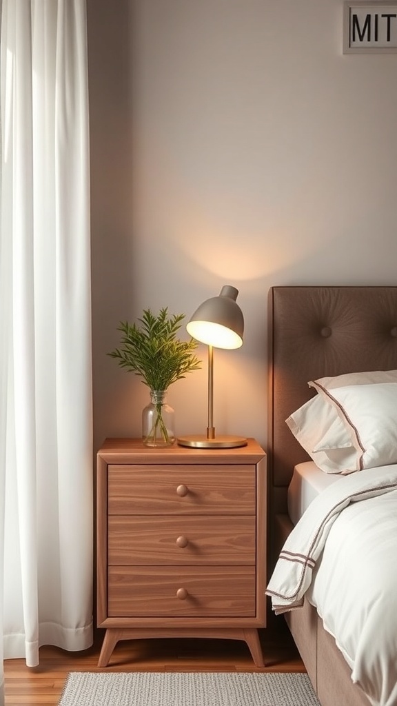 A cozy nightstand with a modern lamp and a small plant