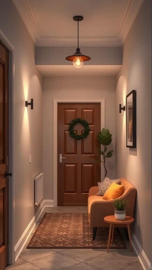 A small foyer with a pendant light, wall sconces, a cozy chair, and a decorative rug.