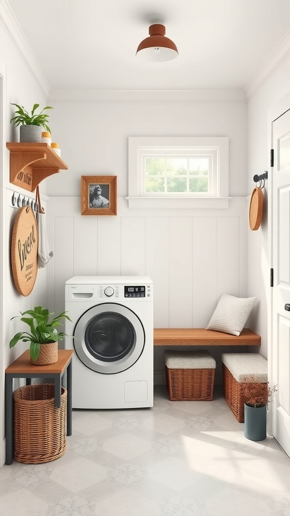A functional mudroom laundry room combo featuring a washing machine, wooden bench, and storage baskets.
