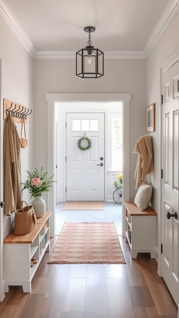 Bright foyer with hooks, benches, and a rug, integrating mudroom functionality.