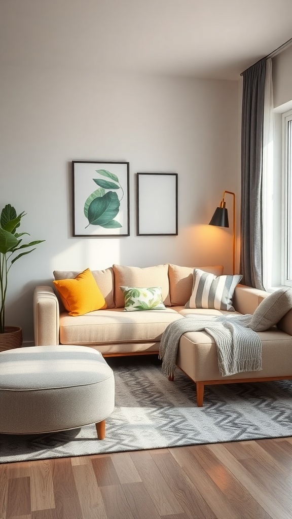Cozy living room with a beige sofa, colorful cushions, an ottoman, and a plant.