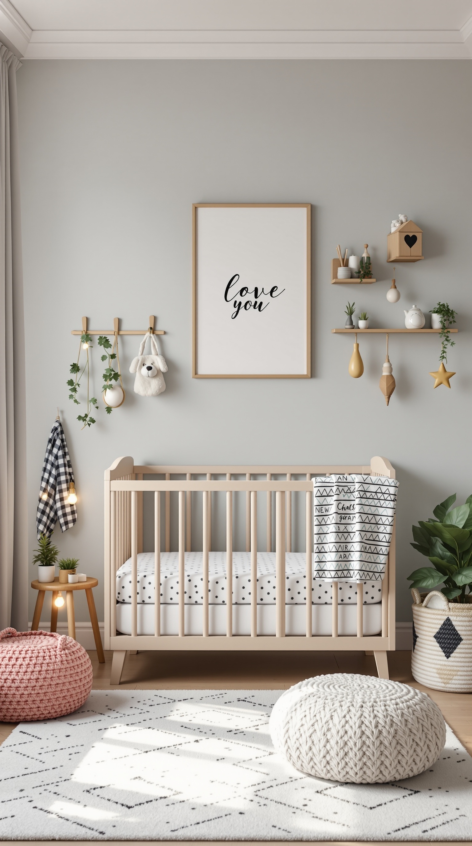 A beautifully designed baby room featuring a crib, decorative shelves, and cozy poufs.