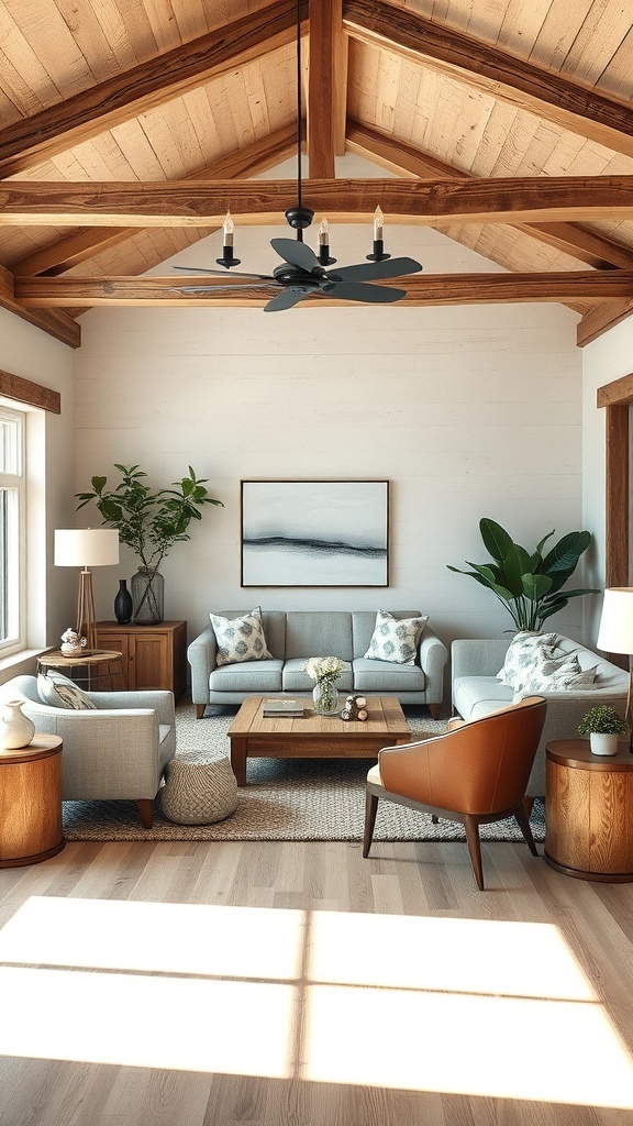 A rustic living room with wooden beams, light-colored sofas, and plants, showcasing a cozy and functional multi-purpose space.