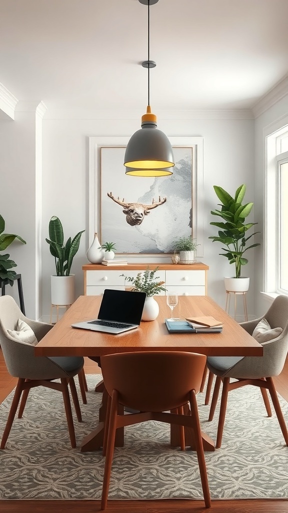 A modern dining area featuring a wooden table, mixed chairs, a laptop, and plants, with a stylish light fixture and artwork.