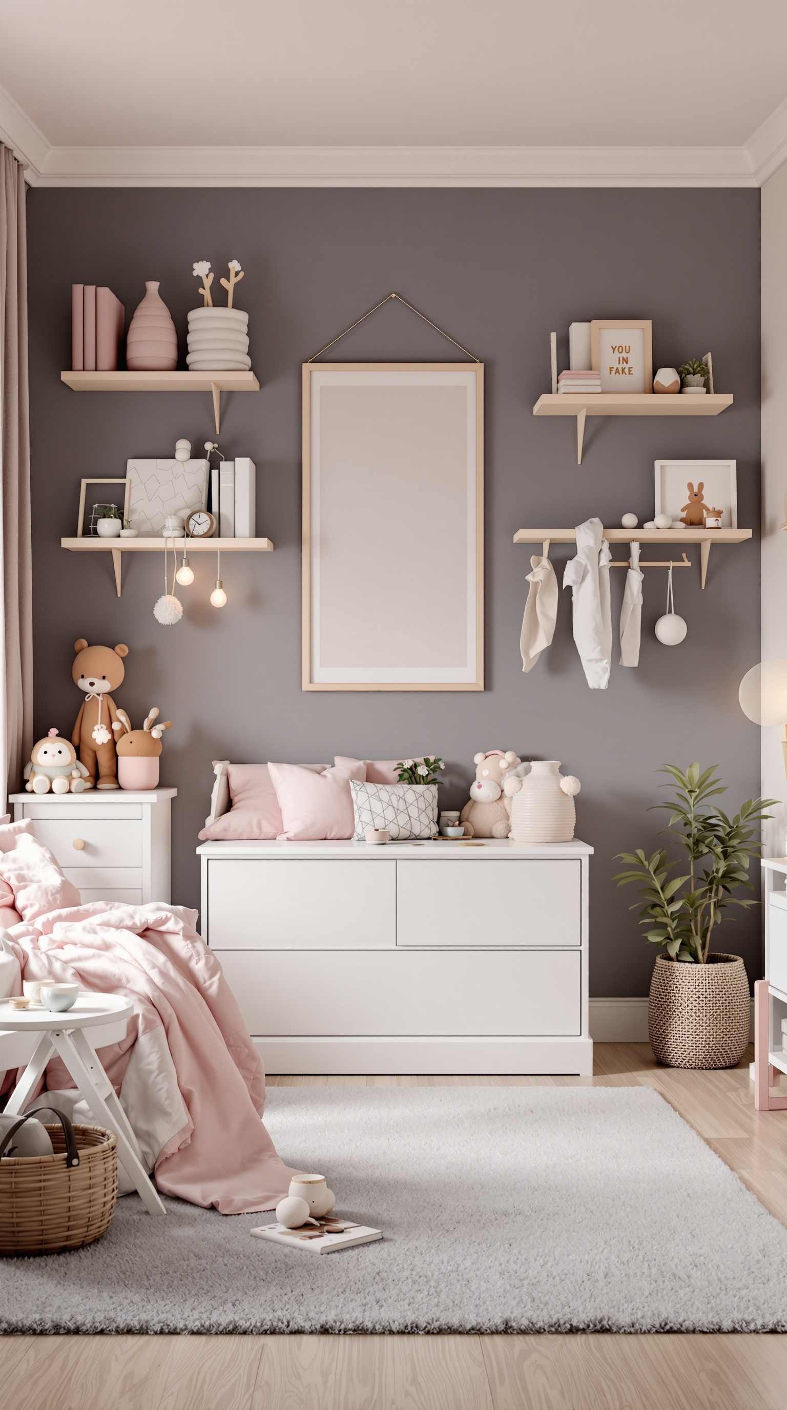 A beautifully designed baby girl bedroom featuring soft pink accents, functional storage, and cozy seating.
