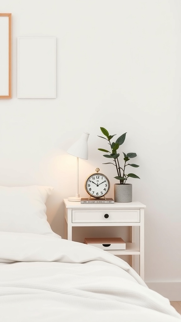 A clean girl bedroom featuring a white nightstand with a clock, lamp, and a potted plant.