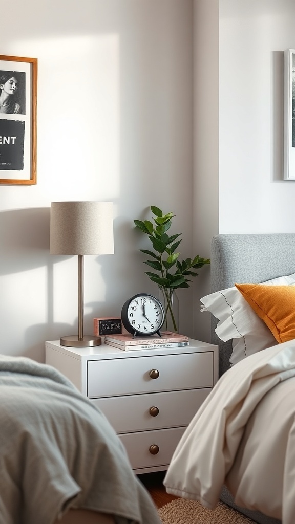 A modern nightstand with a lamp, clock, and plant in a cozy teen bedroom.