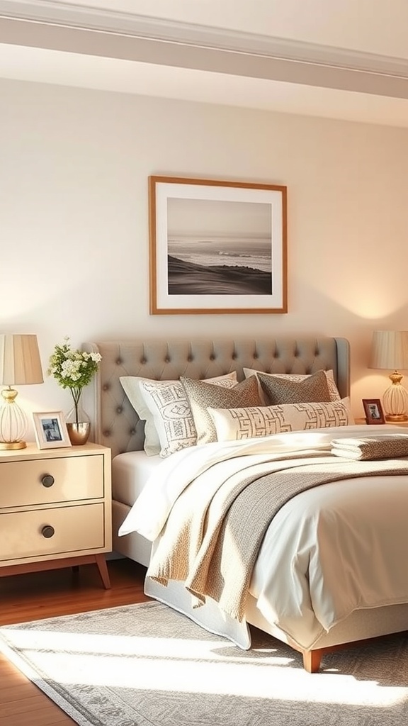 A cozy bedroom featuring a stylish nightstand with two drawers, a lamp, and a vase of flowers.