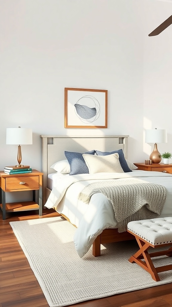 A modern farmhouse bedroom featuring two functional nightstands with lamps, warm wood tones, and a cozy aesthetic.
