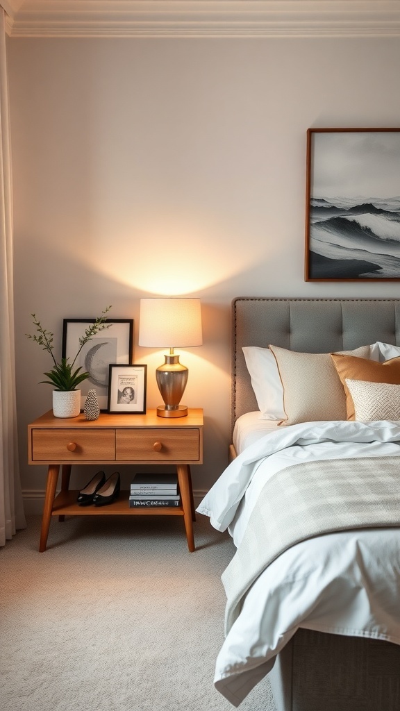 A cozy bedroom with a wooden nightstand, lamp, and decorative items.