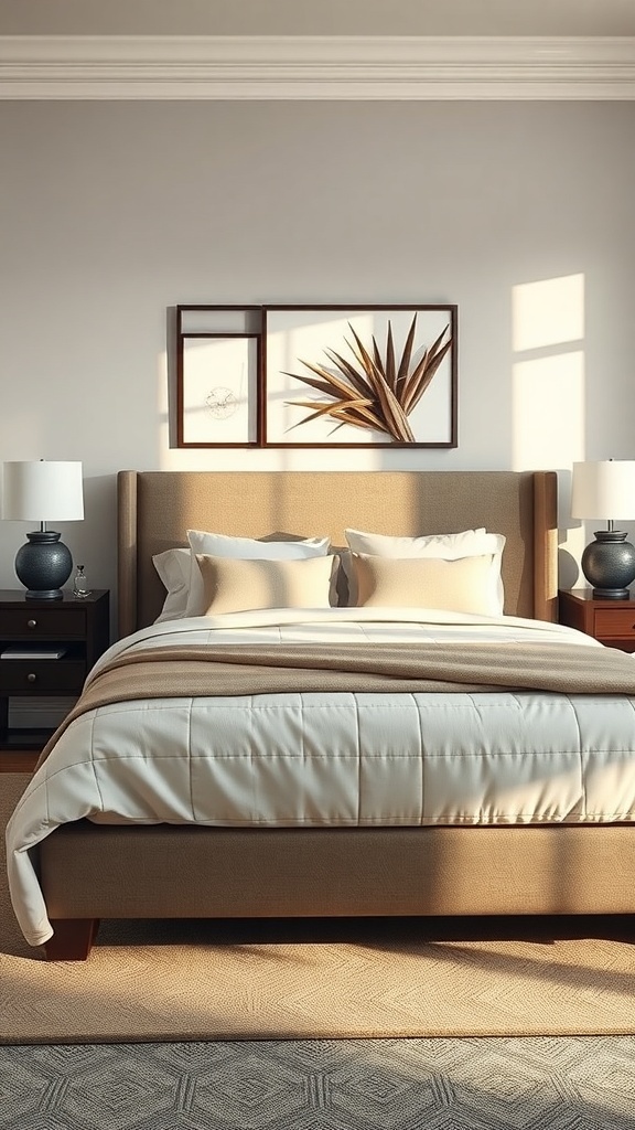 A cozy king bedroom featuring stylish nightstands with lamps on either side of the bed.