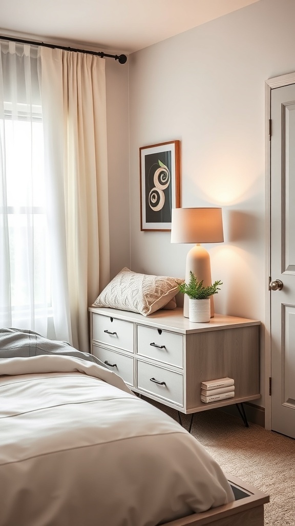 A cozy teen bedroom featuring a functional nightstand with storage, a lamp, and decorative elements.