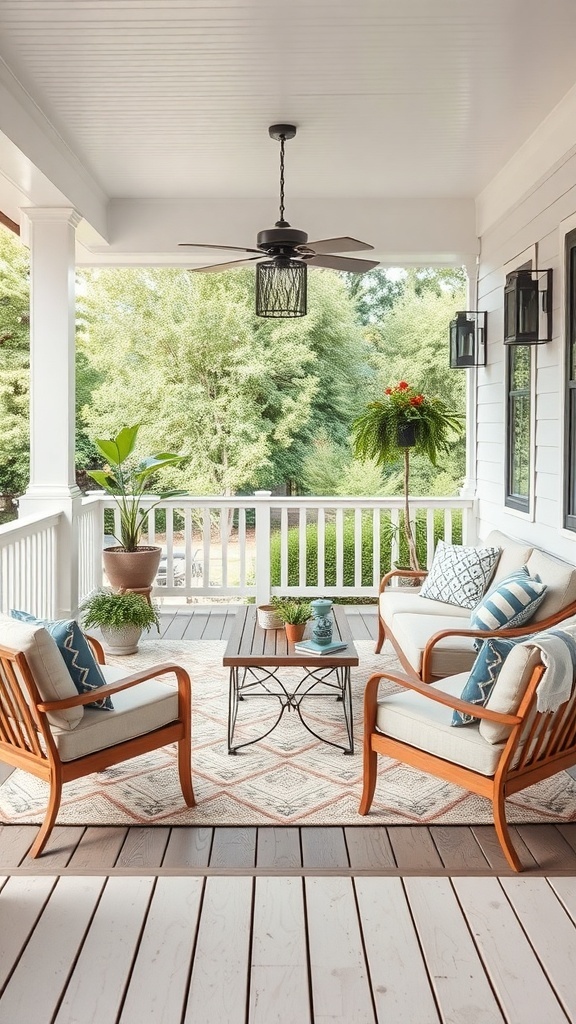 Cozy porch with two chairs, a coffee table, plants, and a ceiling fan.