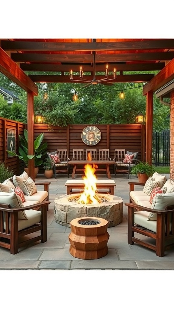 Cozy outdoor patio with wooden furniture, fire pit, and greenery.