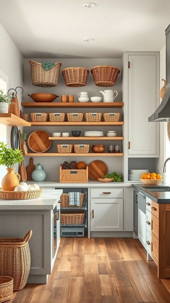 A rustic farmhouse kitchen with open shelving, woven baskets, and a cozy atmosphere.