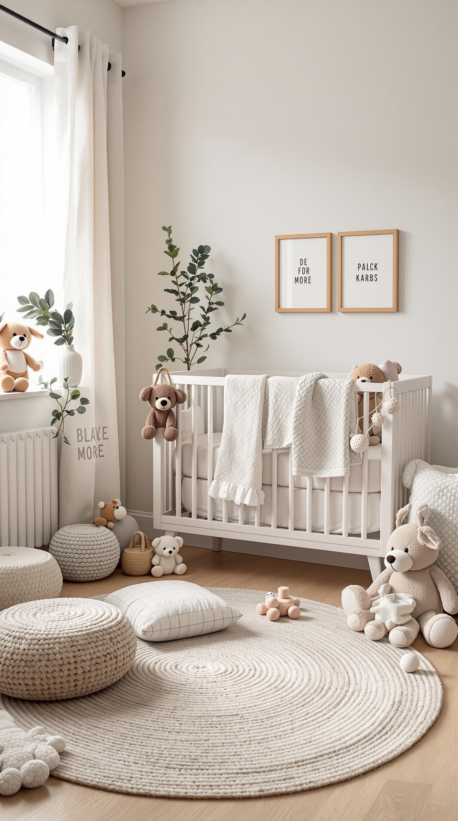 A neutral baby nursery featuring a crib, plush toys, and a cozy play area with a round rug.