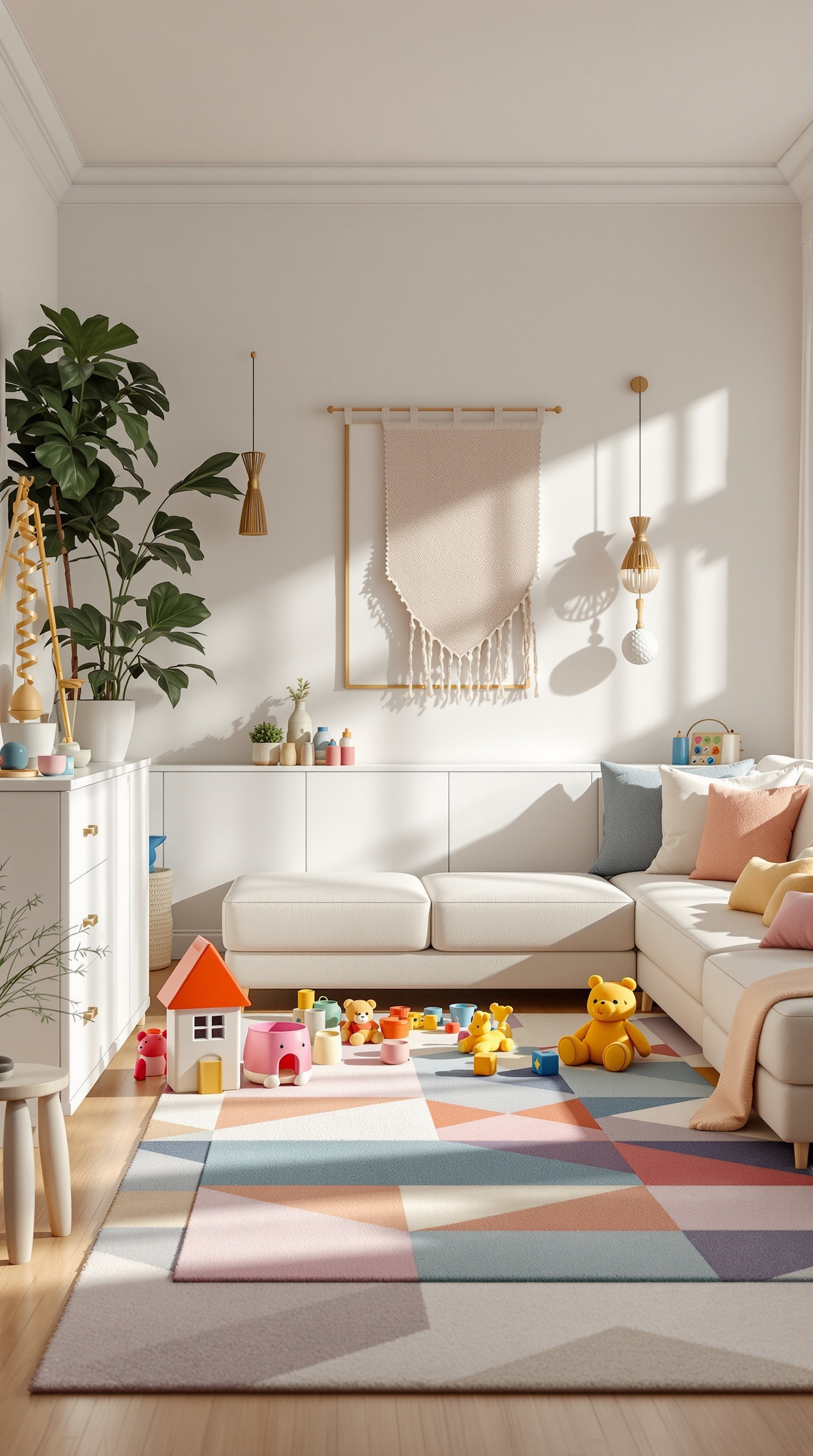 A cozy family living room with a colorful play area featuring toys on a soft rug.