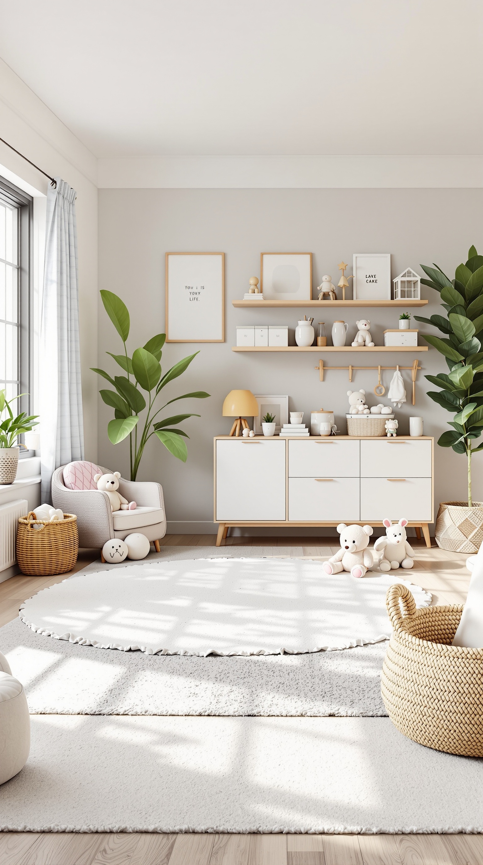 A well-organized toddler room with a cozy chair, storage unit, and playful decor.