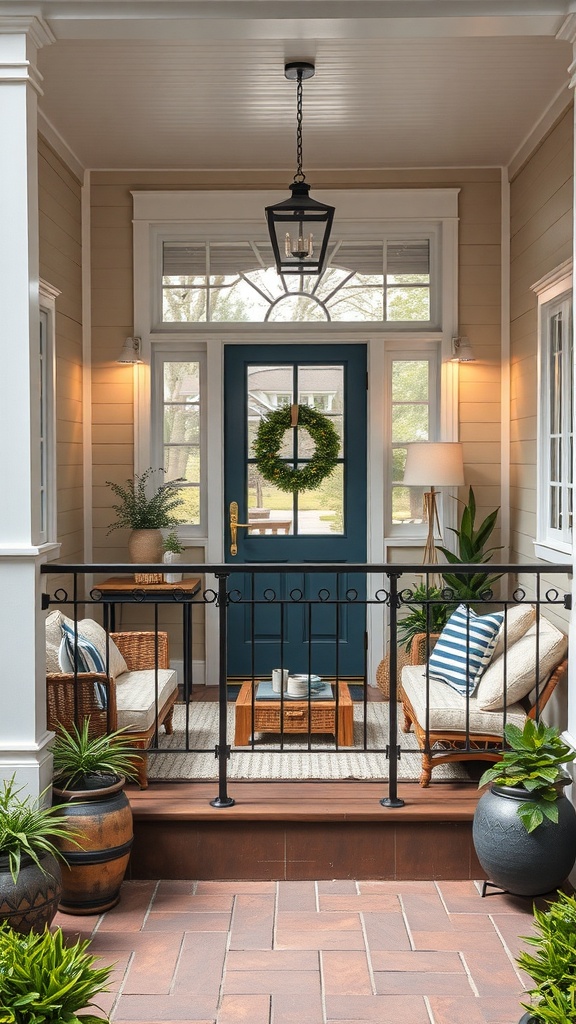 A cozy porch with a black railing, comfortable seating, and plants, creating an inviting entrance.