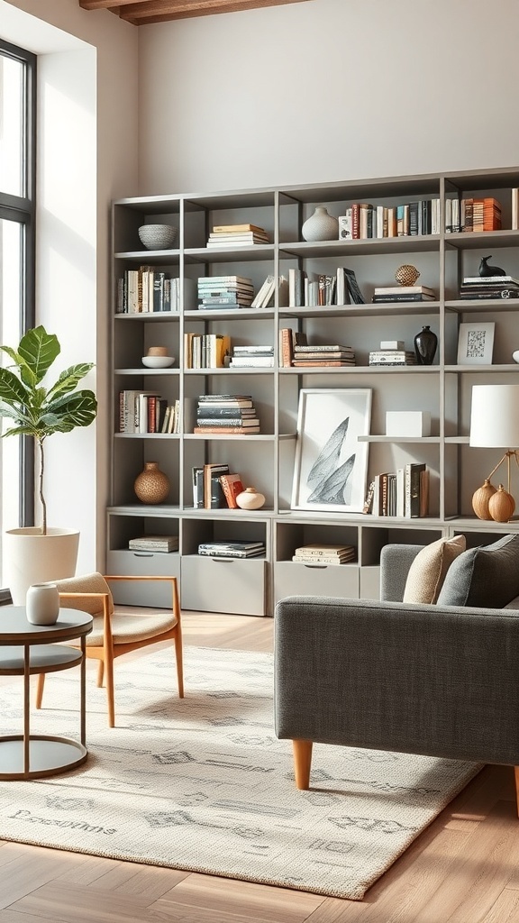 A cozy contemporary living room featuring functional shelving with books and decor, a comfortable sofa, and a small coffee table.