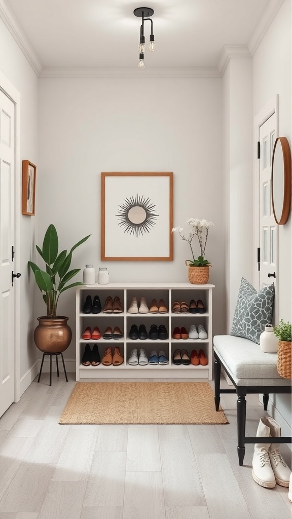 A small entryway featuring a white shoe storage unit, a bench, potted plants, and decorative wall art.