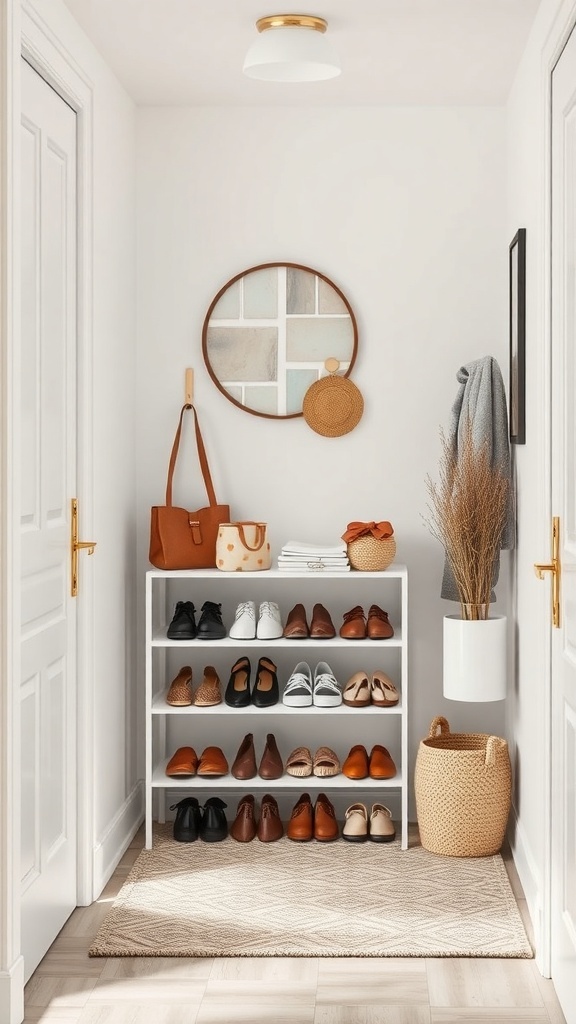 A small foyer with a white shoe rack holding various shoes, a round mirror, a bag, and decorative items.