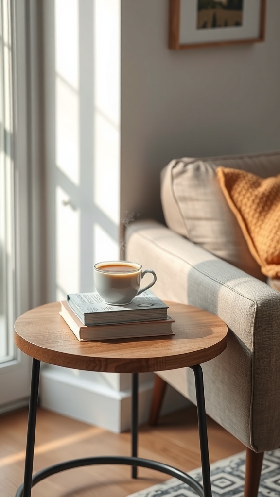 A cozy reading nook featuring a round wooden side table with a steaming cup of coffee and stacked books next to a comfortable chair.