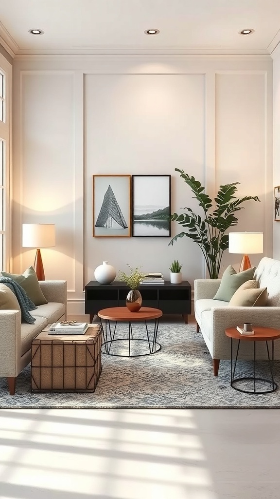 A small lounge room featuring functional side tables, cozy sofas, and decorative elements.