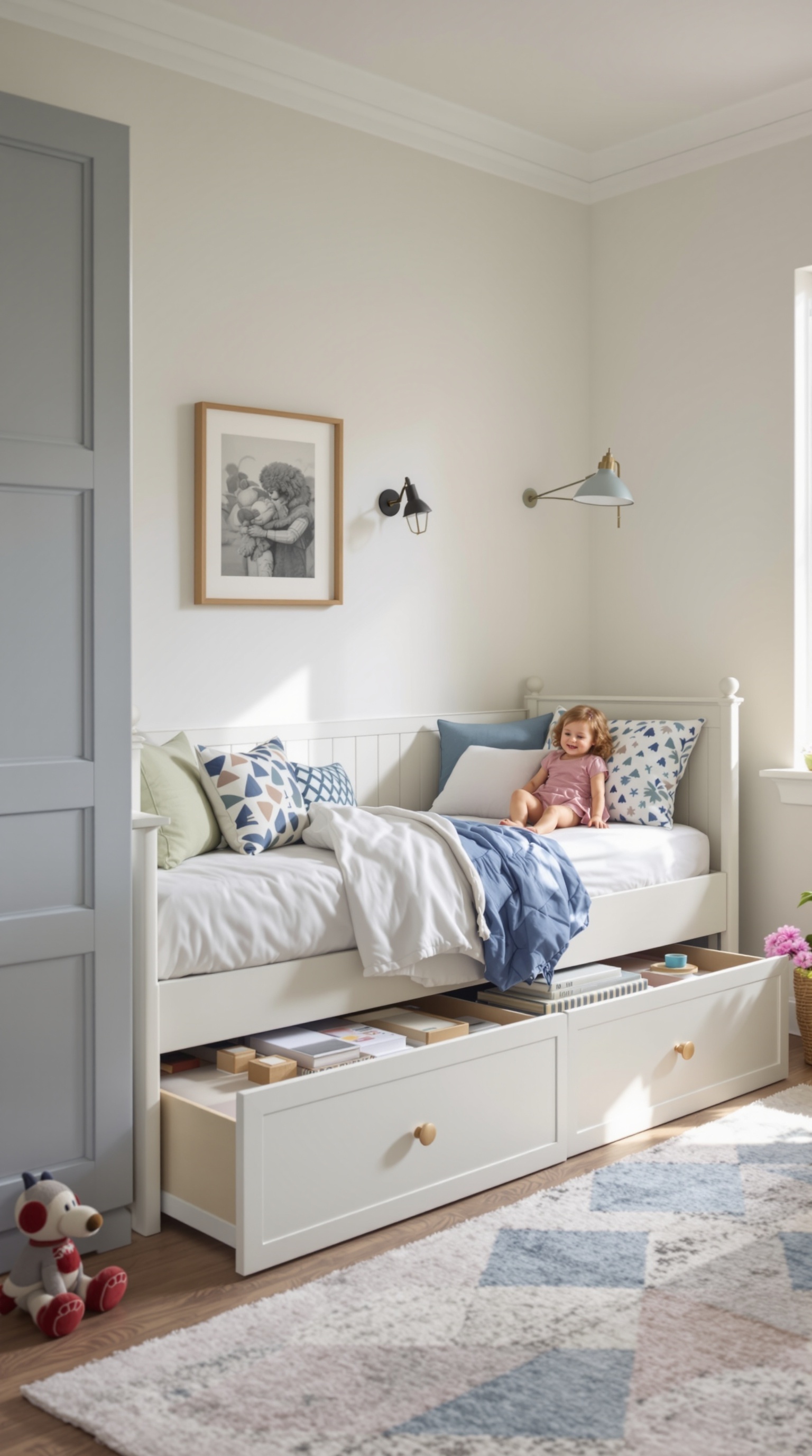 A vintage kids' room featuring a daybed with decorative pillows, storage drawers underneath, and a cozy atmosphere.