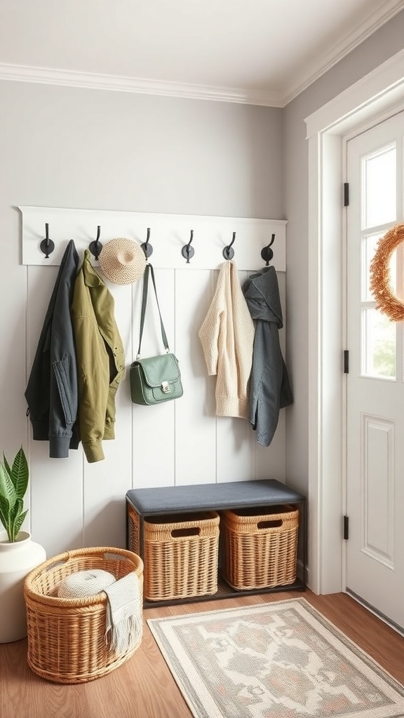 A functional foyer with hooks for coats and baskets for storage