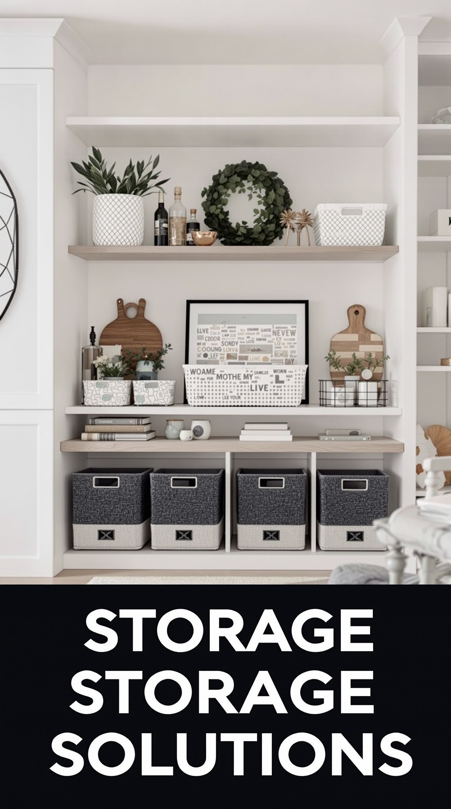 Stylish storage solutions in a basement family room with shelves and decorative baskets.