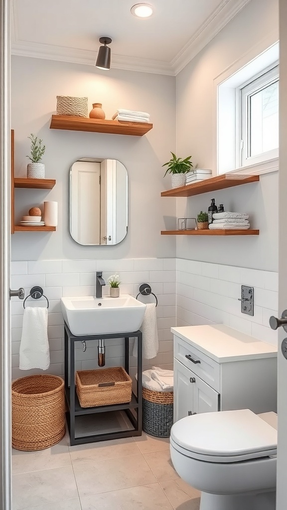A minimalist small bathroom with open shelves, a modern sink, and natural decor elements.
