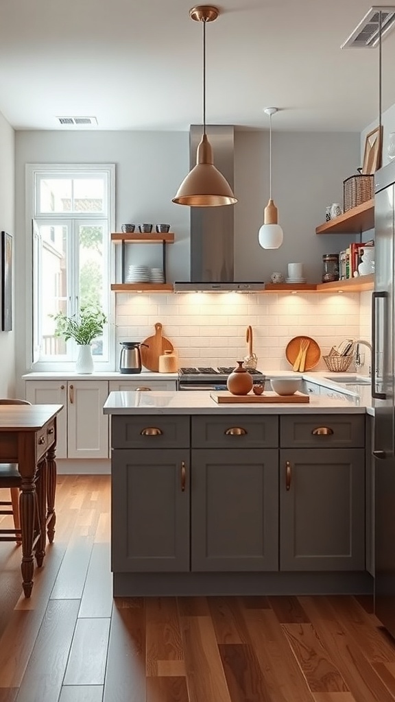 A modern narrow kitchen island with a functional design and ample storage options.