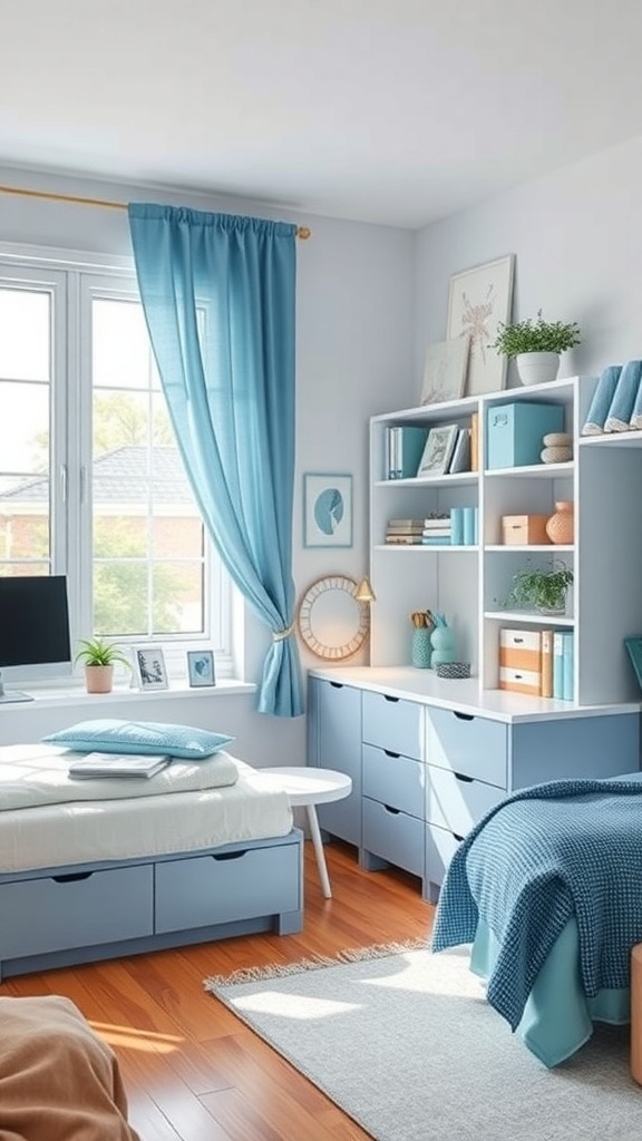 A light blue dorm room featuring a bed, desk, and storage solutions.