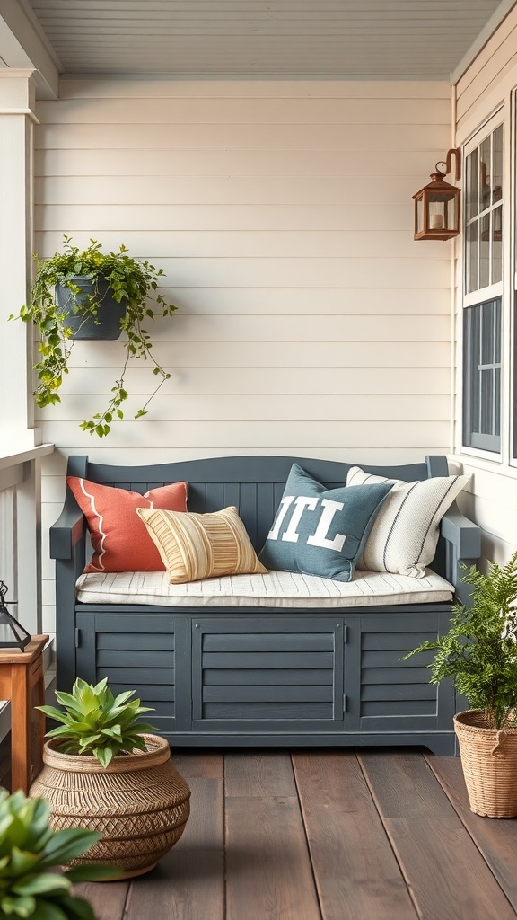 A cozy porch with a storage bench, colorful pillows, and potted plants.