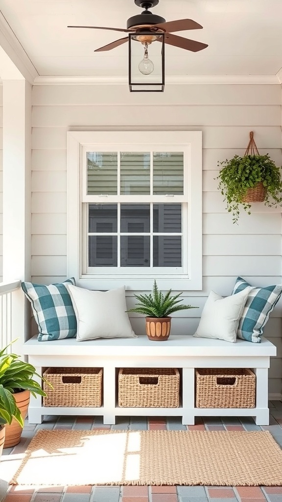 A cozy porch with a storage bench, cushions, and a potted plant.