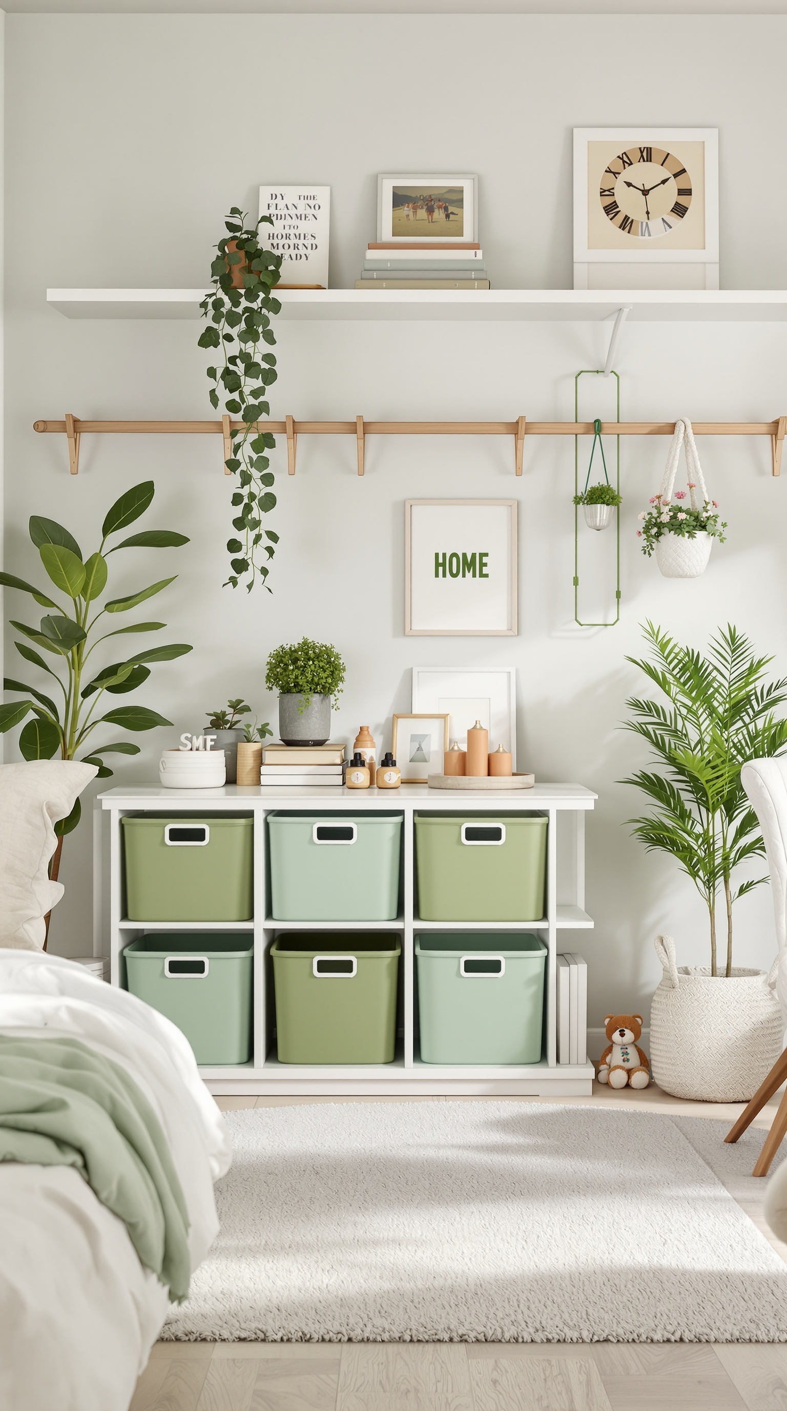 A stylish kids room featuring green storage bins, open shelving, and plants, creating a functional and inviting space.