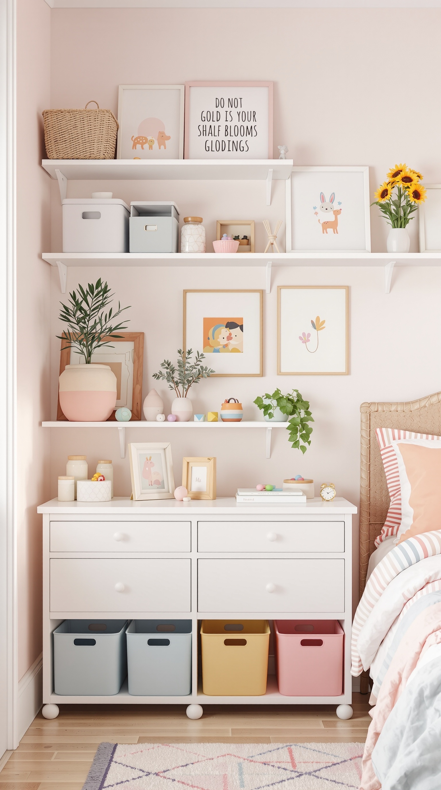 A toddler bedroom featuring a white dresser with colorful storage bins and open shelves with decorative items.